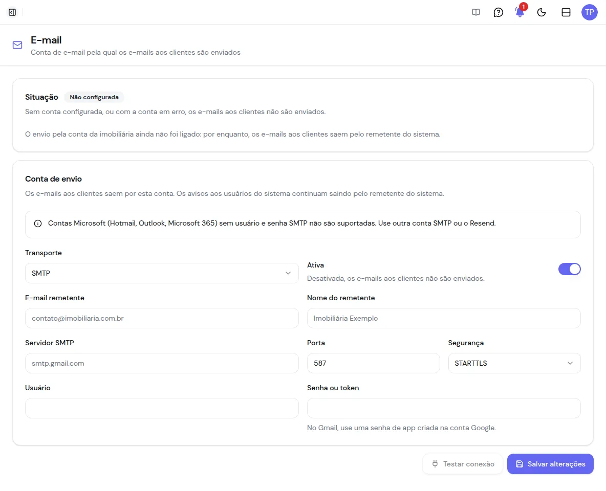 Tela E-mail com a situação da conta e o formulário da conta de envio