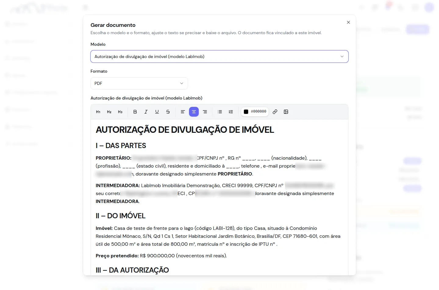 Diálogo Gerar documento com o contrato preenchido e editável