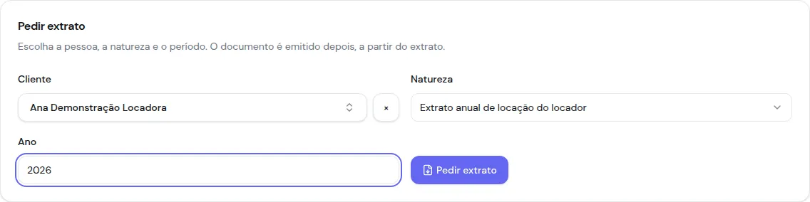 Formulário Pedir extrato com cliente, natureza e ano preenchidos