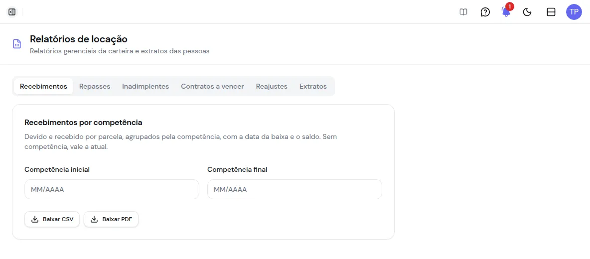 Aba Recebimentos dos relatórios de locação com a competência inicial e final e os botões Baixar CSV e Baixar PDF