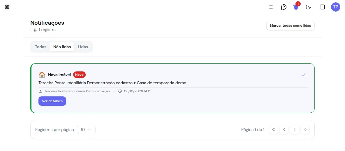 Tela Notificações com as abas Todas, Não lidas e Lidas e um aviso de imóvel novo