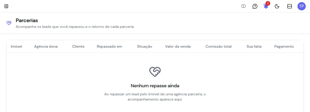 Tela Parcerias, sem repasses, com a explicação de que o acompanhamento aparece depois de repassar um lead