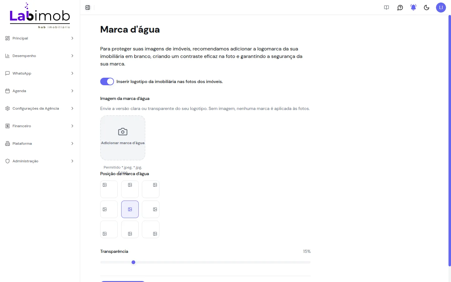 Tela de marca d’água com chave de ativação, envio de imagem, grade de posição e controle de transparência