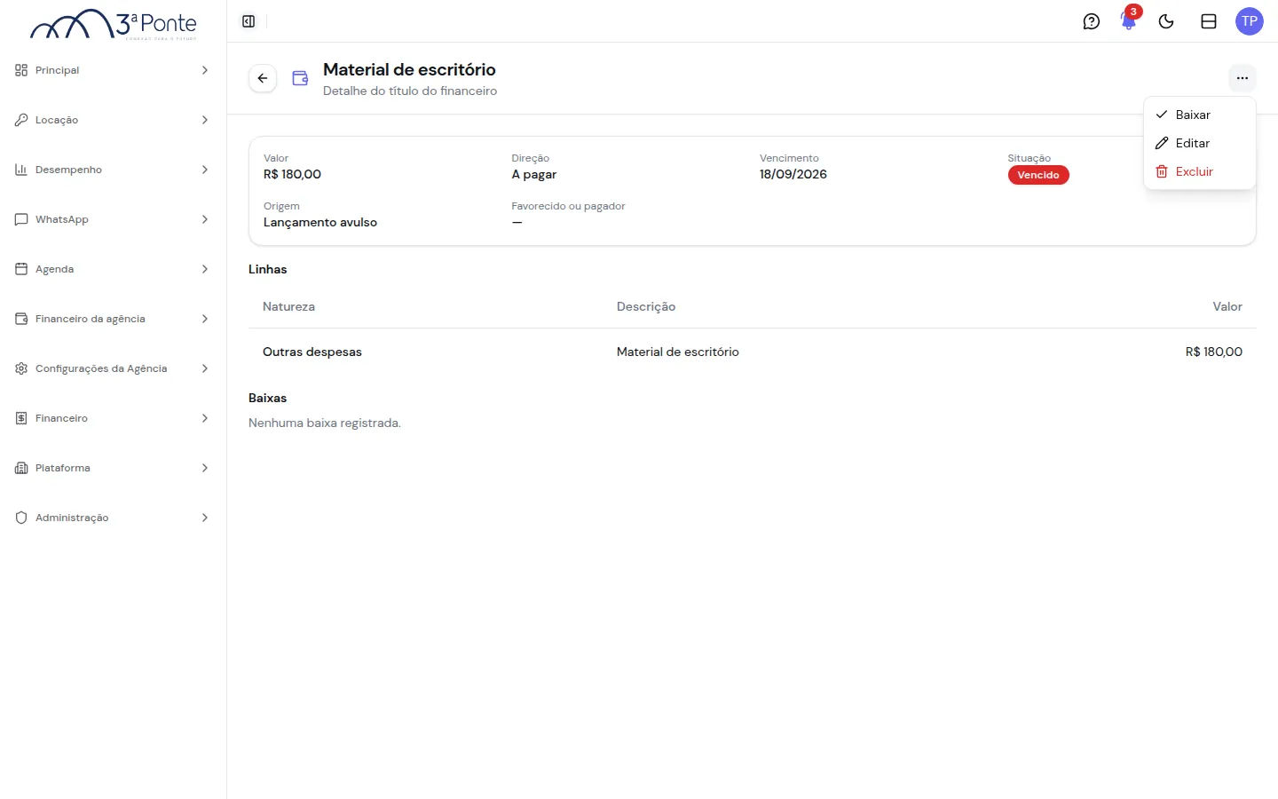 Página de um título vencido com o menu de ações aberto