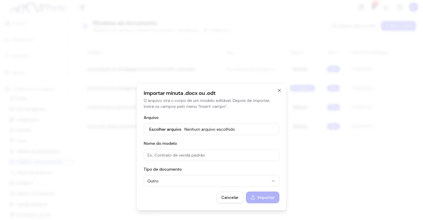 Diálogo de importação de minuta .docx ou .odt