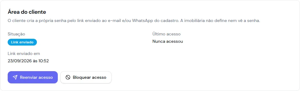 Card Área do cliente com a situação Link enviado, a data do envio e os botões Reenviar acesso e Bloquear acesso