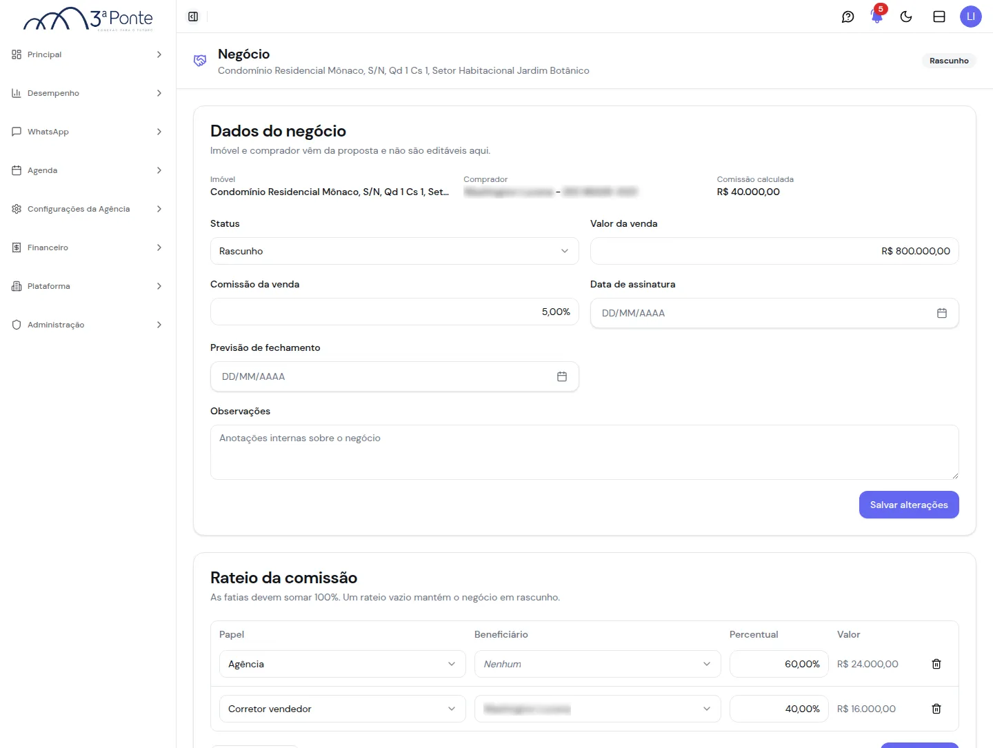 Tela do negócio com os dados da venda e o rateio da comissão