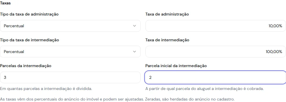 Bloco Taxas do contrato com o tipo e o valor da intermediação, as parcelas da intermediação e a parcela inicial