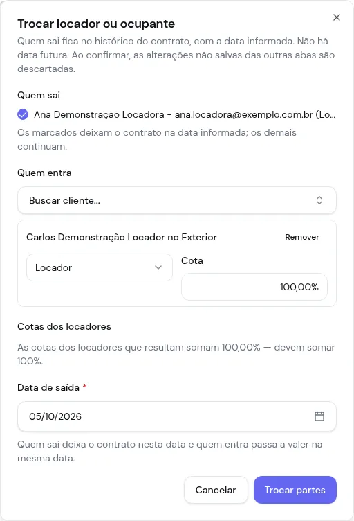 Diálogo Trocar locador ou ocupante, com um locador marcado em Quem sai, um locador em Quem entra com cota de 100% e a data de saída preenchida