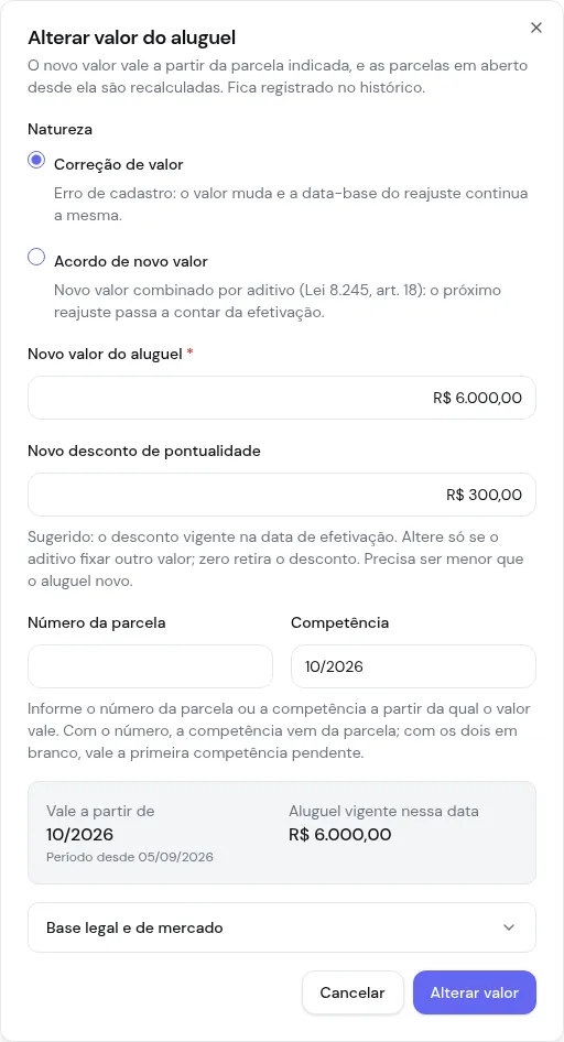 Diálogo Alterar valor do aluguel com o novo valor de R$ 6.000,00, o novo desconto de R$ 300,00 e a competência 10/2026