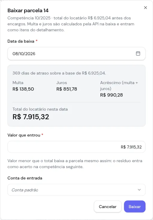 Diálogo Baixar parcela com a data da baixa, multa, juros, total do locatário nesta data, valor que entrou e conta de entrada