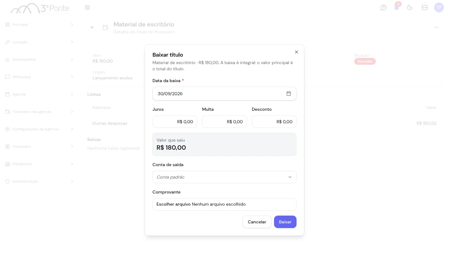 Janela Baixar título com data, juros, multa, desconto, conta e comprovante