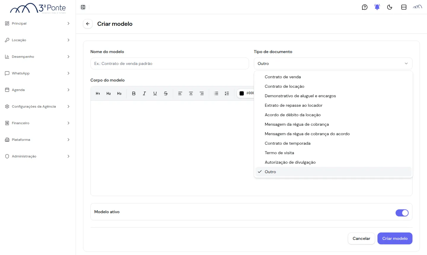 Seletor com os onze tipos de documento