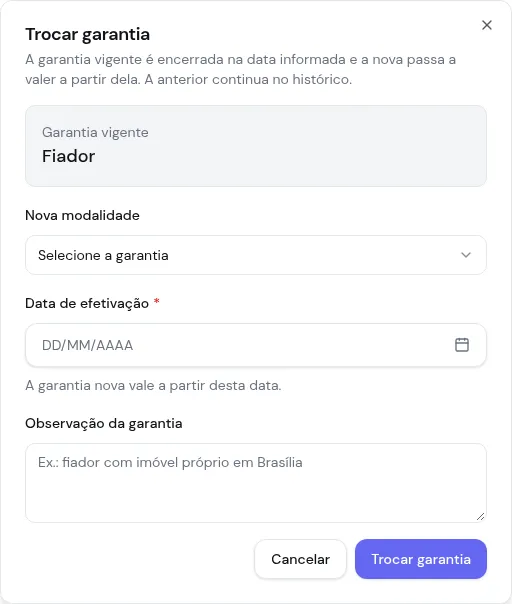 Diálogo Trocar garantia, com a garantia vigente, a nova modalidade e a data de efetivação