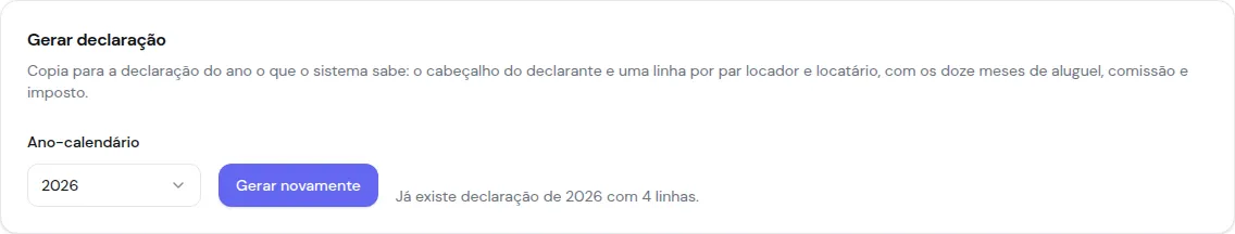 Card Gerar declaração com o ano-calendário e o aviso de que já existe declaração do ano