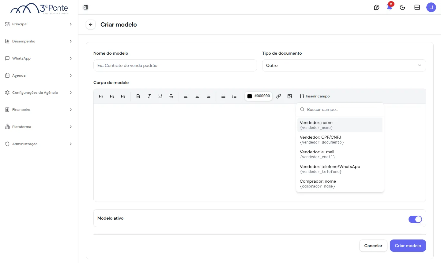 Menu Inserir campo com a busca e a lista de campos disponíveis