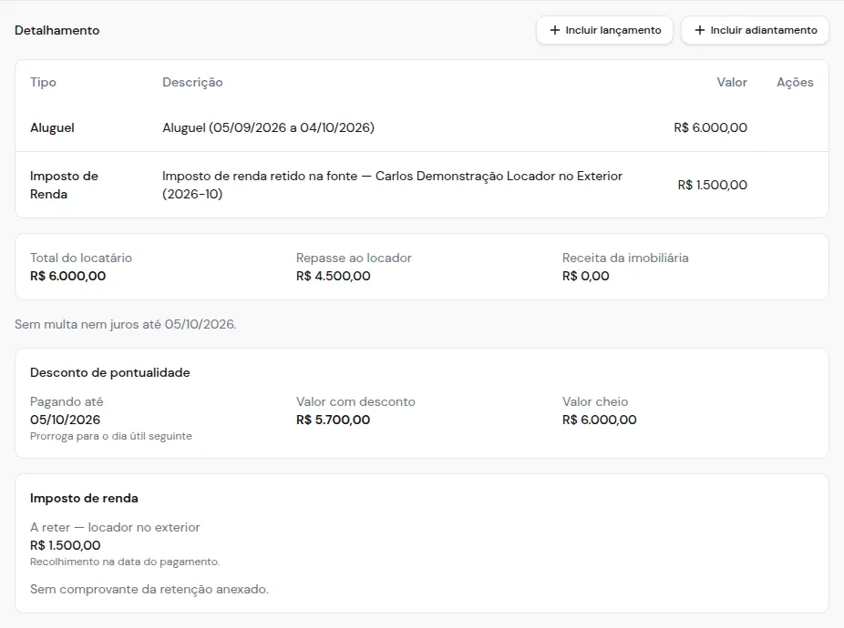 Detalhamento da parcela em aberto com o bloco Desconto de pontualidade: pagando até 05/10/2026, valor com desconto de R$ 5.700,00 e valor cheio de R$ 6.000,00
