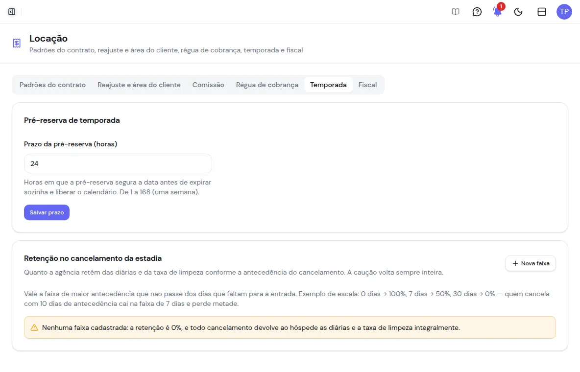 Aba Temporada das configurações de locação com o prazo da pré-reserva e a retenção no cancelamento