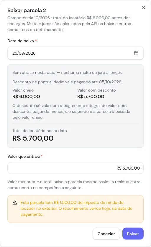 Diálogo Baixar parcela dentro do prazo, com o desconto válido até 05/10/2026, valor cheio de R$ 6.000,00 e valor com desconto de R$ 5.700,00