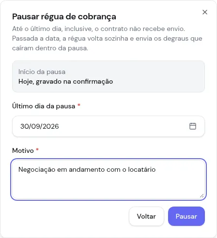 Diálogo Pausar régua de cobrança com o início hoje, o último dia 30/09/2026 e o motivo negociação em andamento