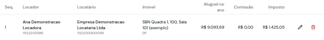 Tabela de linhas da declaração, com locador, locatário, imóvel, aluguel no ano, comissão e imposto