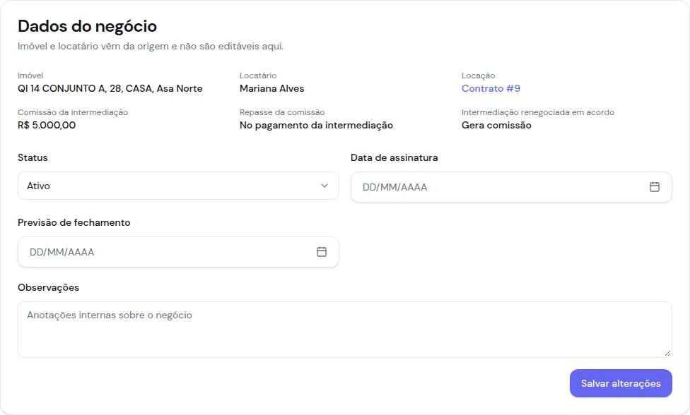 Dados do negócio de locação com a comissão da intermediação, o repasse da comissão e a intermediação renegociada em acordo