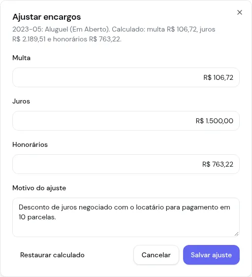 Diálogo Ajustar encargos com os valores calculados, os juros reduzidos para R$ 1.500,00 e o motivo do ajuste