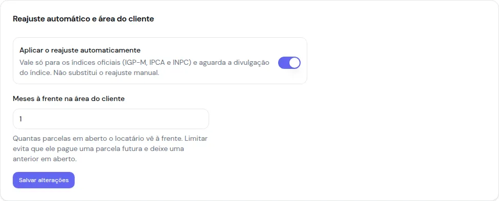 Card Reajuste automático e área do cliente, com o campo Meses à frente na área do cliente em 1