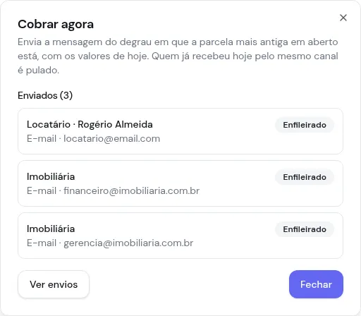 Resultado do Cobrar agora com três envios por e-mail enfileirados: o locatário e dois e-mails internos