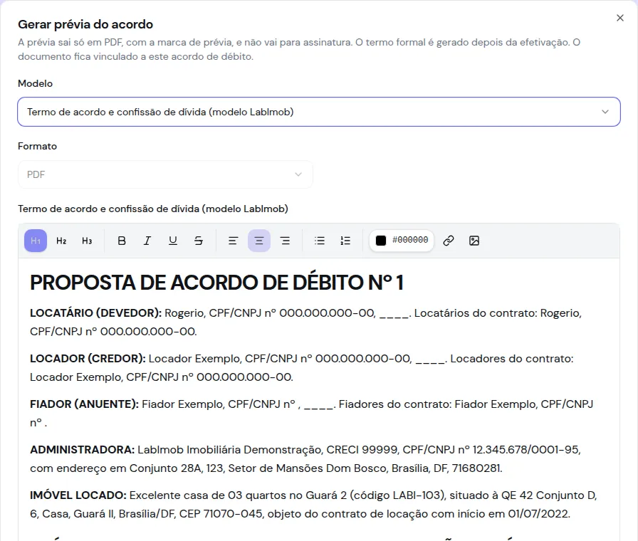 Diálogo Gerar prévia do acordo, com o modelo Termo de acordo e confissão de dívida e o formato travado em PDF