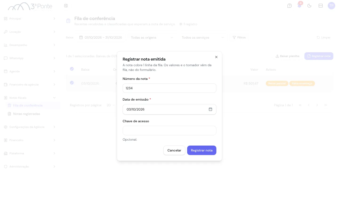 Janela Registrar nota emitida com o número, a data de emissão e a chave de acesso