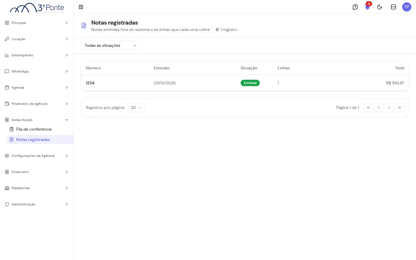 Lista de notas registradas com a nota 1234 emitida