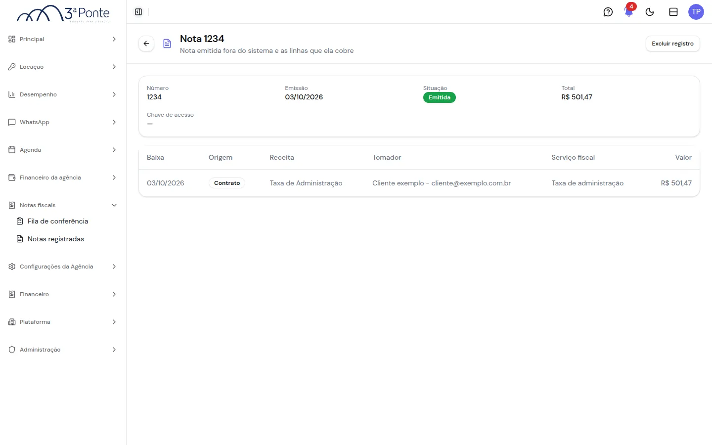Detalhe de uma nota registrada com a linha que ela cobre