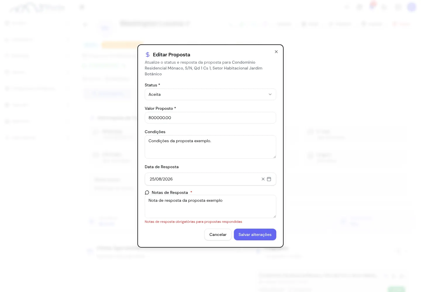 Modal Editar proposta com o status Aceita e as notas de resposta