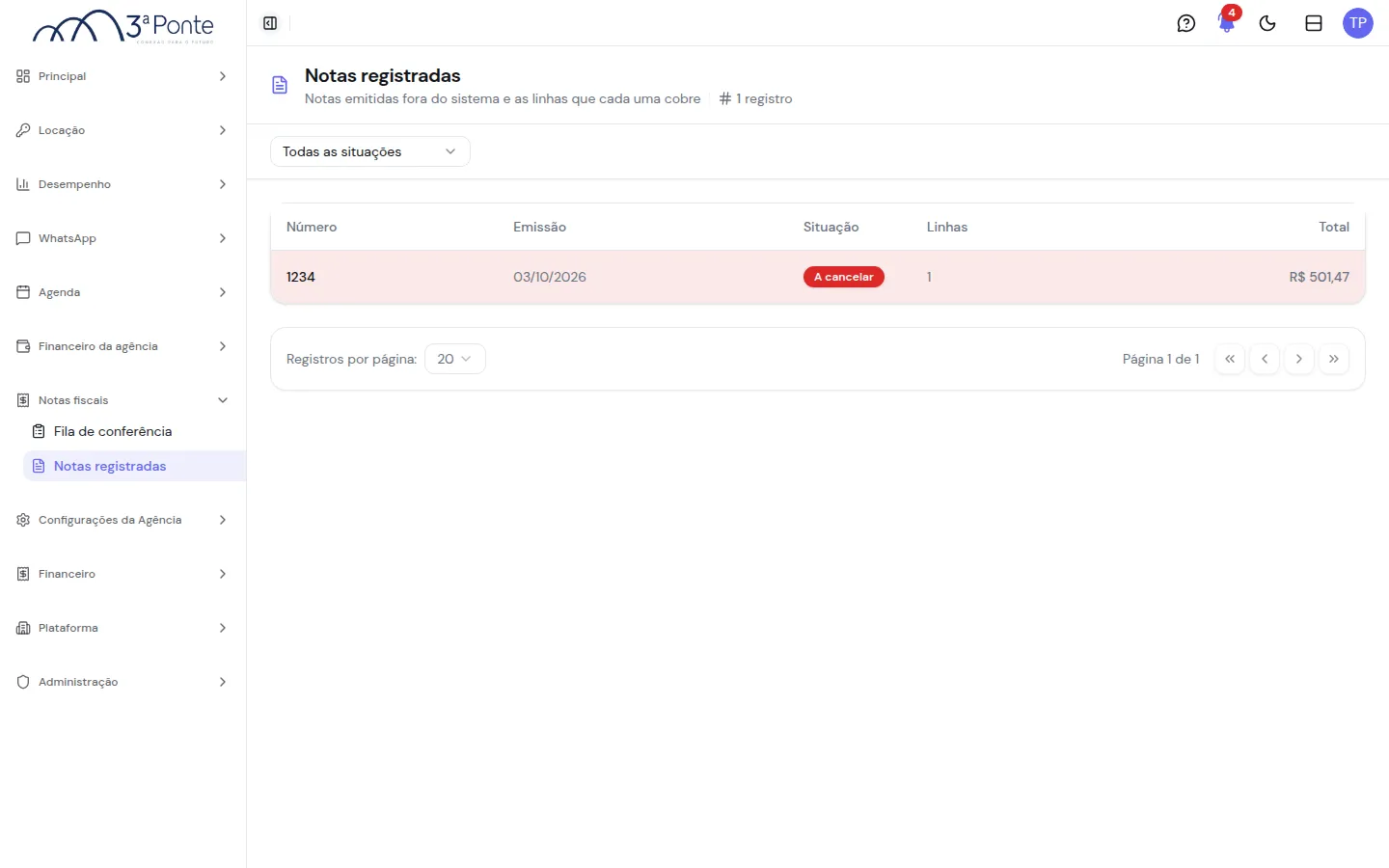 Lista de notas registradas com a nota 1234 na situação A cancelar