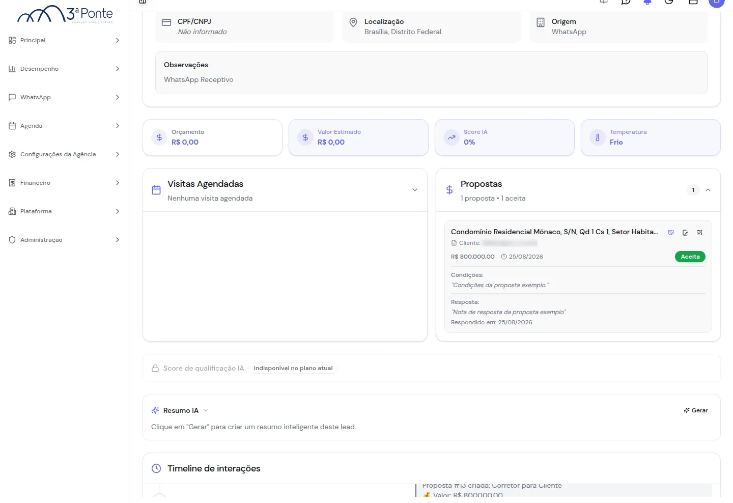 Card Propostas do lead com os ícones de negócio, contrato e edição