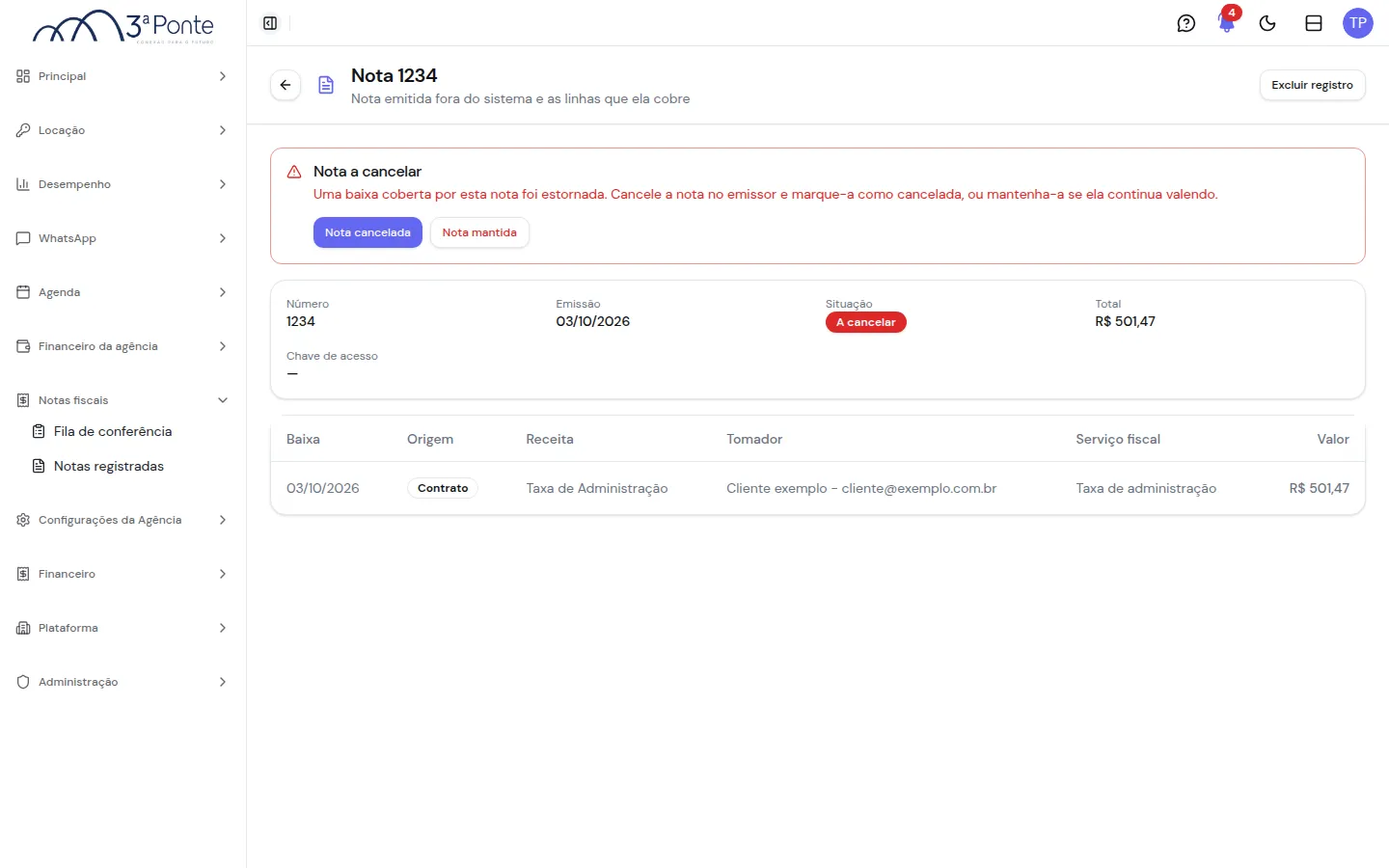 Nota na situação A cancelar com os botões Nota cancelada e Nota mantida