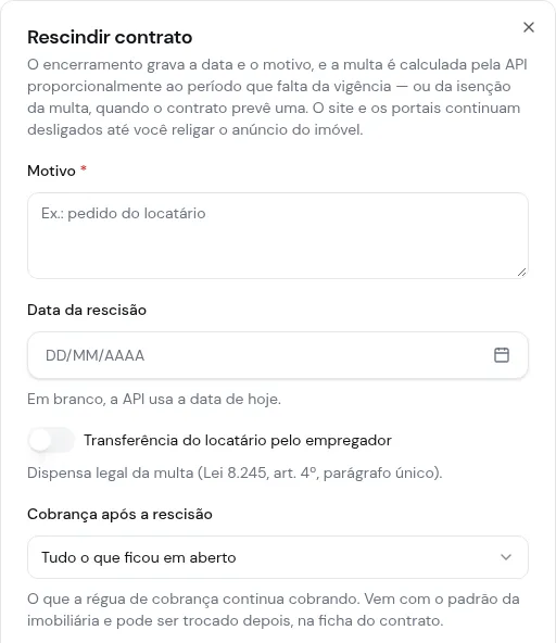 Diálogo Rescindir contrato com o campo Cobrança após a rescisão preenchido com Tudo o que ficou em aberto