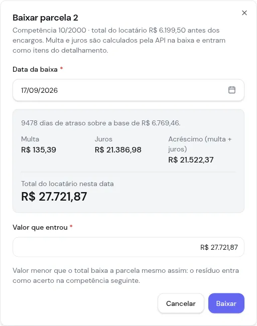 Diálogo de baixa da parcela com multa, juros e total atualizado