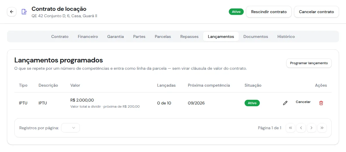 Aba Lançamentos com o valor por competência e quantas já foram lançadas