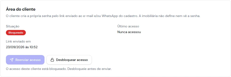 Card Área do cliente com a situação Bloqueado, o botão Desbloquear acesso e o aviso de que é preciso desbloquear antes de enviar