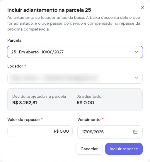 Diálogo Incluir adiantamento com devido projetado, já adiantado, valor e vencimento