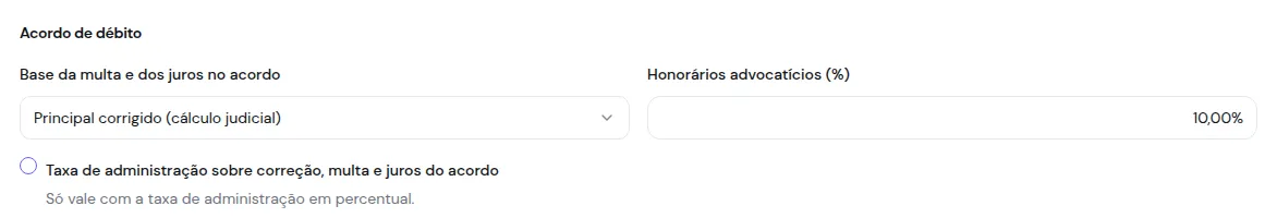 Bloco Acordo de débito no contrato, com a base da multa e dos juros, os honorários e a taxa de administração sobre os encargos