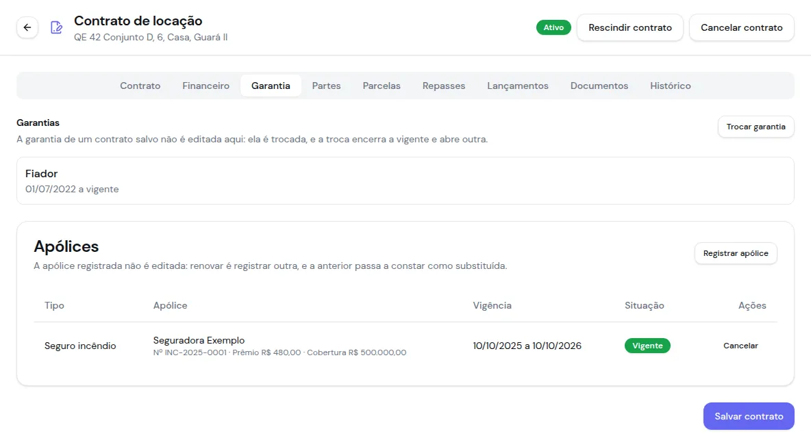 Aba Garantia com a garantia vigente e a lista de apólices