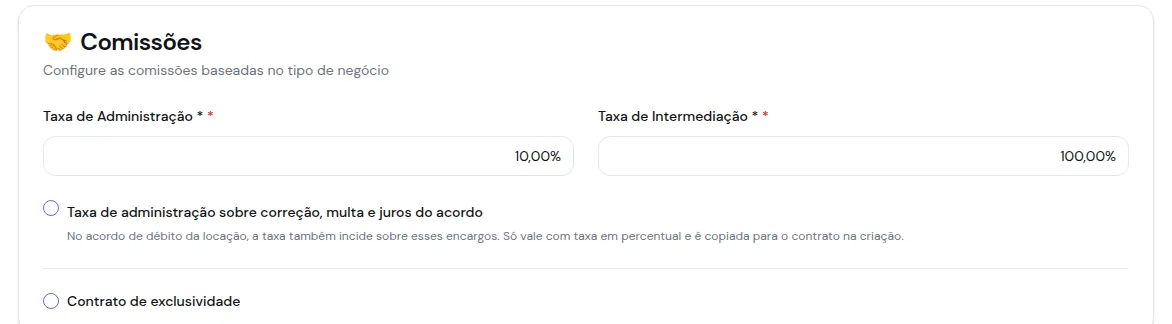 Bloco Comissões do imóvel com a opção Taxa de administração sobre correção, multa e juros do acordo