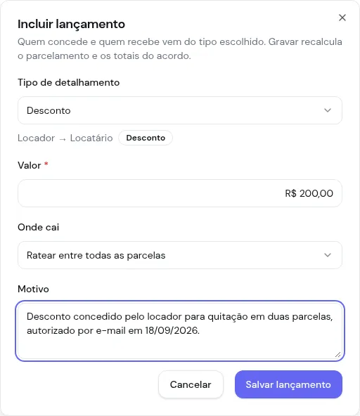 Diálogo Incluir lançamento com o tipo Desconto, de Locador para Locatário, R$ 200,00 rateado entre todas as parcelas e o motivo