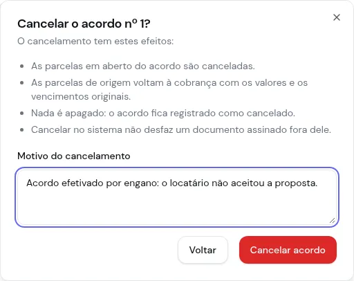 Diálogo Cancelar o acordo nº 1 com os efeitos do cancelamento e o motivo preenchido