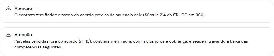 Dois avisos no rascunho: a anuência do fiador e as parcelas vencidas deixadas fora do acordo