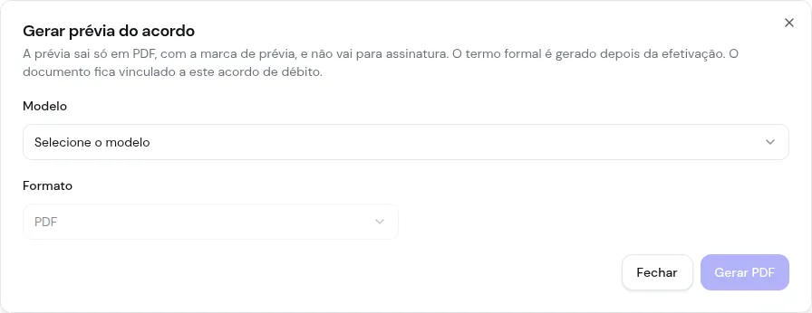 Diálogo Gerar prévia do acordo com modelo e formato PDF