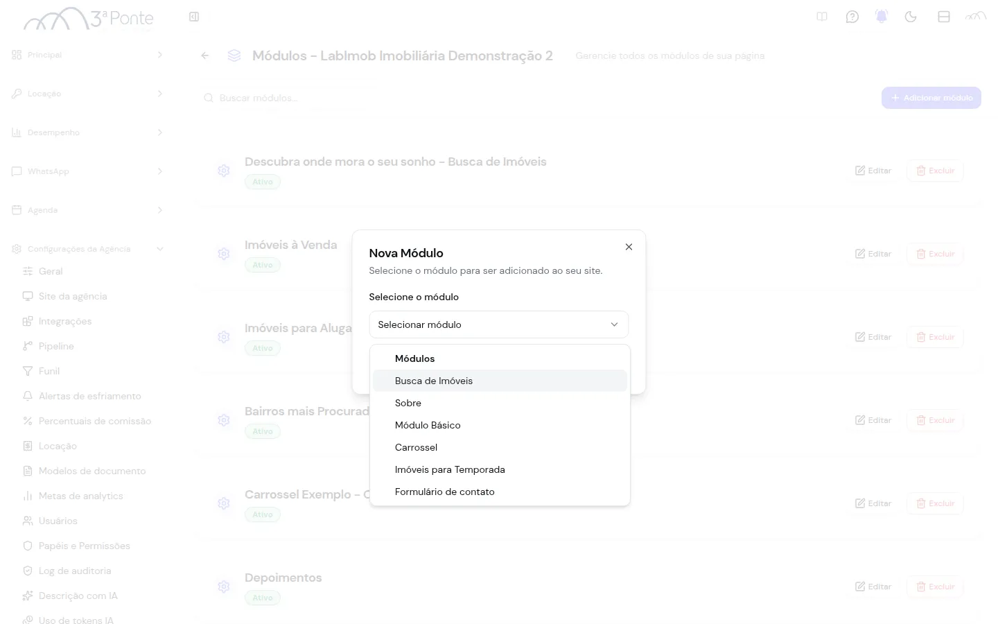Diálogo de novo módulo do site com a opção Imóveis para Temporada